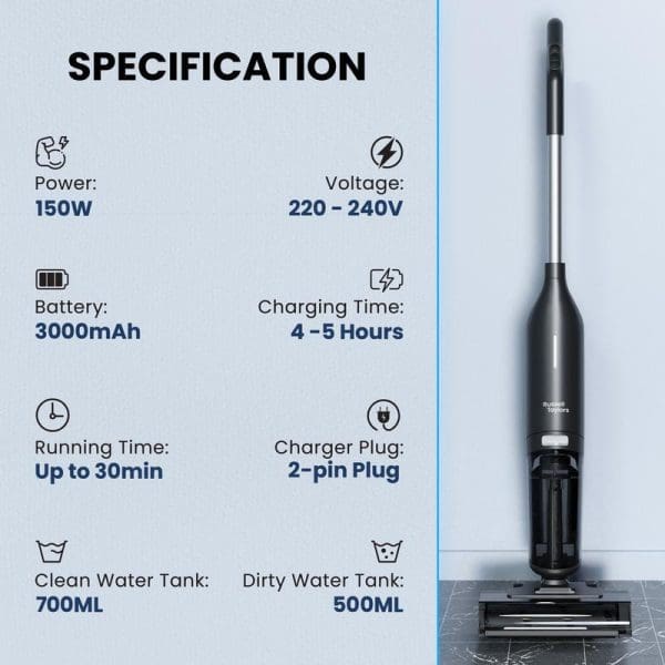 Russell Taylors V10i cordless vacuum cleaner with specifications showing 150W power, 3000mAh battery, 30-minute runtime, and 700ML clean water tank capacity.