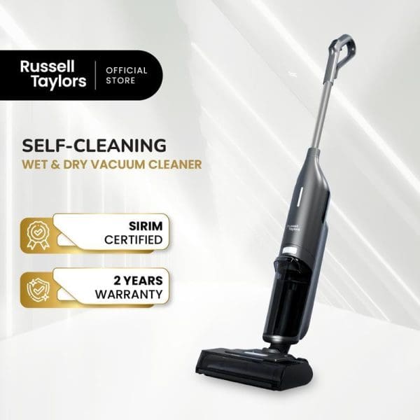 Russell Taylors V10i self-cleaning wet and dry cordless vacuum cleaner with SIRIM certification and 2-year warranty, gray and black design on white background.