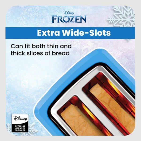 Disney Frozen themed bread toaster with extra wide slots accommodating both thin and thick bread slices, featuring blue design with heating elements visible inside.