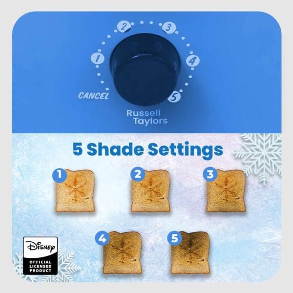 Russell Taylors Disney Frozen themed bread toaster with blue control dial showing 5 shade settings from light to dark toast levels displayed below.