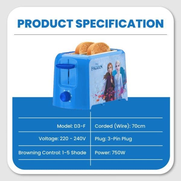 Russell Taylors Disney Frozen themed blue bread toaster D3-F with product specifications including 750W power, 220-240V voltage, and 1-5 shade browning control settings.