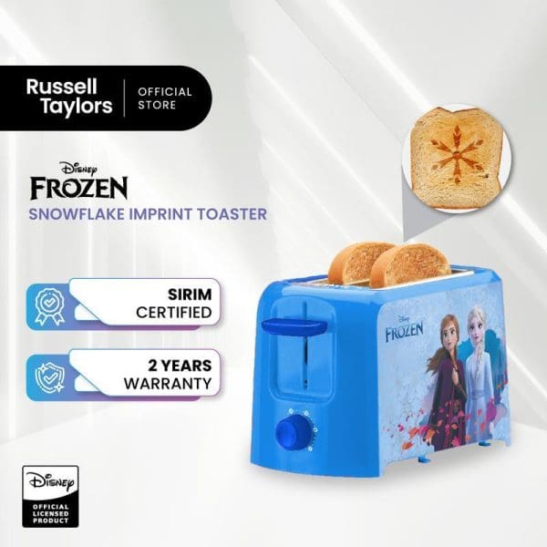 Disney Frozen blue toaster by Russell Taylors featuring Anna and Elsa characters, showing snowflake imprint on toast, SIRIM certified with 2-year warranty.