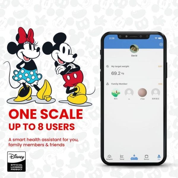 Russell Taylors Disney Mickey Mouse Bluetooth smart scale with mobile app interface showing weight tracking for up to 8 users, featuring Mickey and Minnie characters.