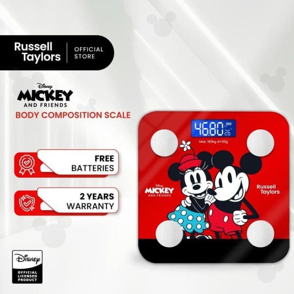 Russell Taylors Disney Mickey Mouse red body composition scale with digital display, featuring Mickey and Minnie Mouse characters, free batteries and 2-year warranty.