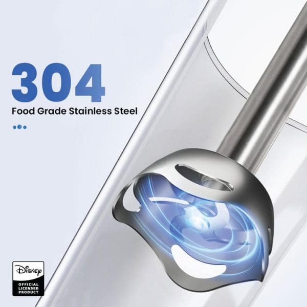 Russell Taylors x Disney Mickey And Friends Multifunctional Hand Blender D6 with 304 food grade stainless steel construction and blue swirl effect design.