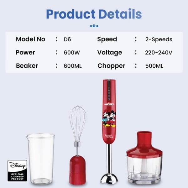 Russell Taylors Disney Mickey Hand Blender D6 product details showing 600W power, 2-speeds, 220-240V voltage with included beaker, whisk, chopper attachments on white background.