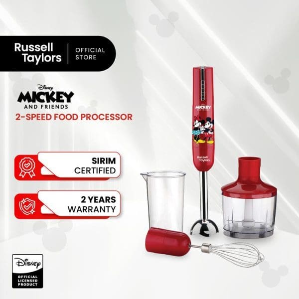Russell Taylors Disney Mickey and Friends 2-speed red food processor with hand blender, whisk, chopper bowl, and measuring cup accessories displayed.