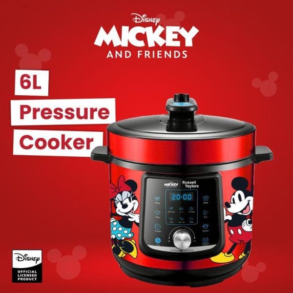 Russell Taylors Disney Mickey and Friends 6L red pressure cooker with digital display, featuring Mickey Mouse and Minnie Mouse characters on official licensed product.