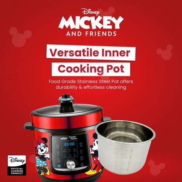 Russell Taylors Disney Mickey and Friends 6L pressure cooker with digital display, red exterior featuring Mickey Mouse characters, and removable stainless steel inner pot.