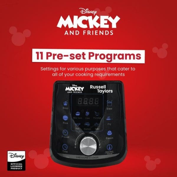 Russell Taylors Disney Mickey and Friends 6L pressure cooker with digital display showing 11 pre-set cooking programs on red Mickey-themed background.