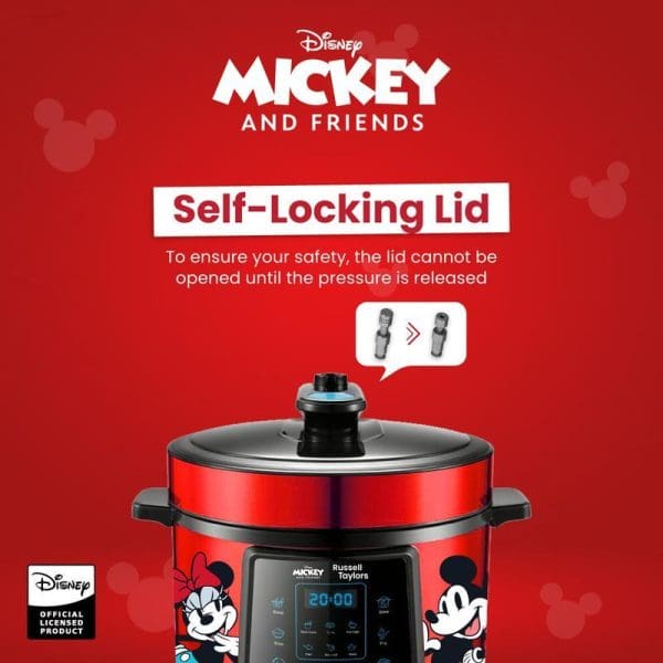 Russell Taylors Disney Mickey and Friends 6L pressure cooker rice cooker with red exterior, digital display, stainless steel pot, and self-locking safety lid feature.
