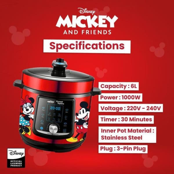 Russell Taylors Disney Mickey Mouse pressure cooker rice cooker with 6L capacity, 1000W power, digital display, featuring Mickey and Minnie Mouse characters on red design.