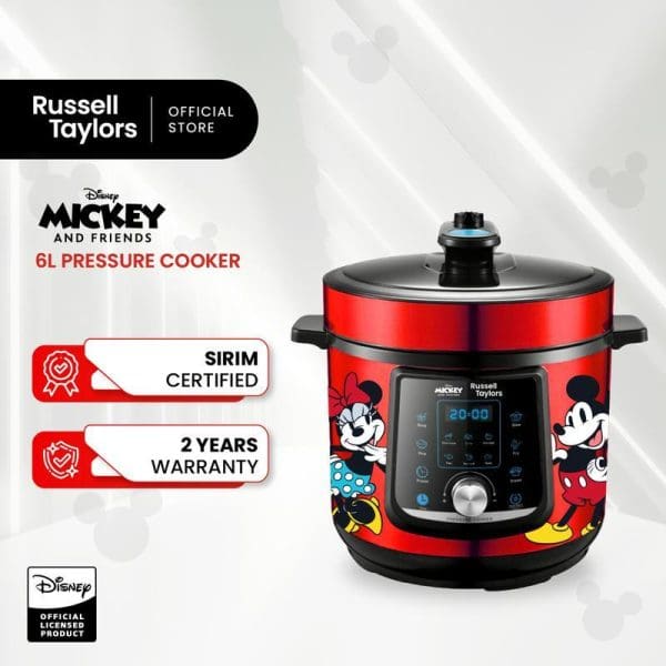 Russell Taylors Disney Mickey Mouse 6L pressure cooker in red with Mickey and Minnie graphics, digital display, SIRIM certified, 2-year warranty.