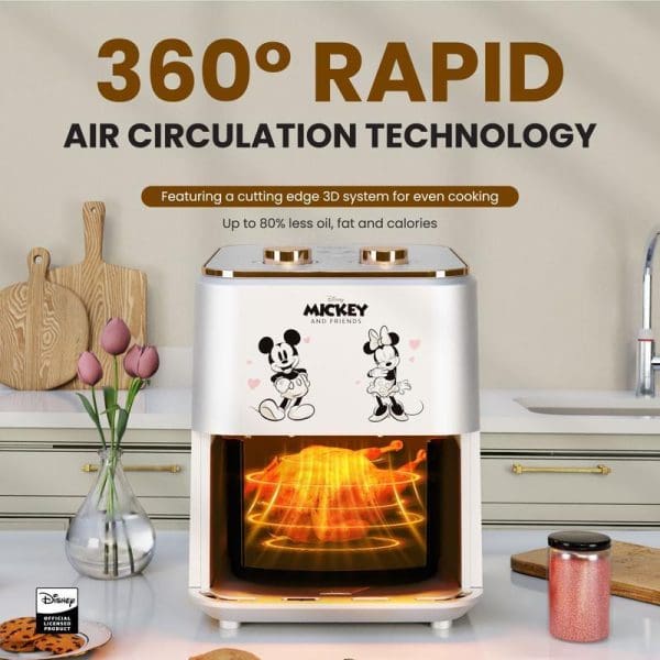 Russell Taylors Disney Mickey and Minnie Mouse 4.5L air fryer with 360° rapid air circulation technology, featuring retro white design in modern kitchen setting.