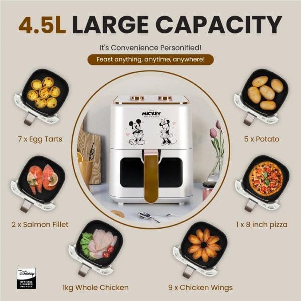 Russell Taylors Disney Mickey Mouse 4.5L air fryer with capacity examples showing 7 egg tarts, 5 potatoes, 2 salmon fillets, 1 whole chicken, 9 wings, and 8-inch pizza.
