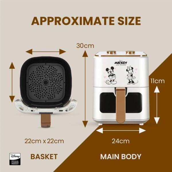 Russell Taylors Disney Mickey Mouse air fryer size dimensions showing 4.5L capacity with removable basket measuring 22cm x 22cm and main body 24cm x 30cm x 11cm.