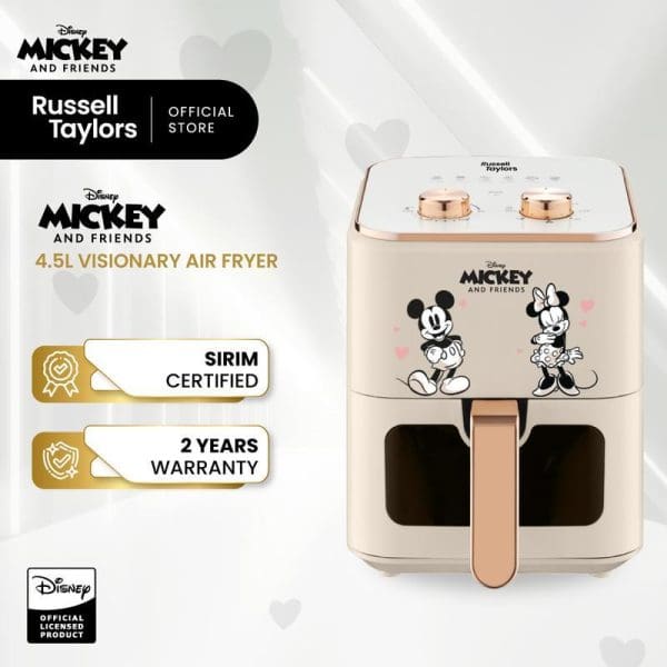 Russell Taylors Disney Mickey and Friends 4.5L Visionary Air Fryer in cream with rose gold accents, featuring Mickey and Minnie Mouse graphics, SIRIM certified with 2-year warranty.