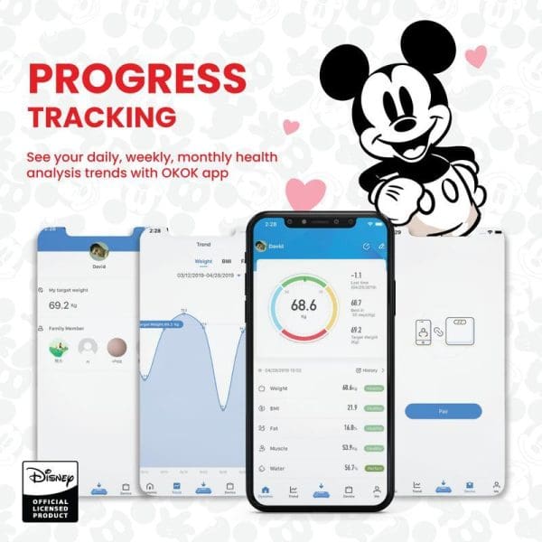Russell Taylors x Disney Mickey Mouse Bluetooth smart weighing scale with body fat analysis and OKOK app progress tracking features displayed on mobile phones.
