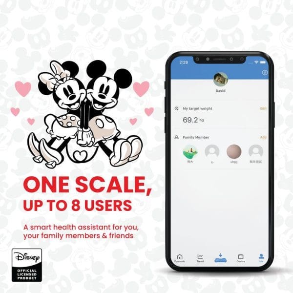 Russell Taylors Disney Mickey Mouse Bluetooth smart weighing scale showing mobile app interface with family member profiles and target weight of 69.2kg displayed.