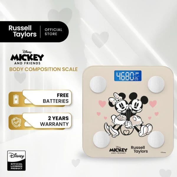 Russell Taylors Disney Mickey and Friends body composition scale with Bluetooth connectivity, digital display showing 46.80kg, free batteries, 2-year warranty, official licensed product.