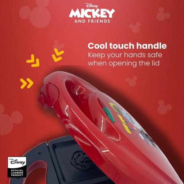 Russell Taylors Disney Mickey and Friends Sandwich Maker D7 with red cool-touch handle lid featuring Mickey Mouse design on red background with safety text.