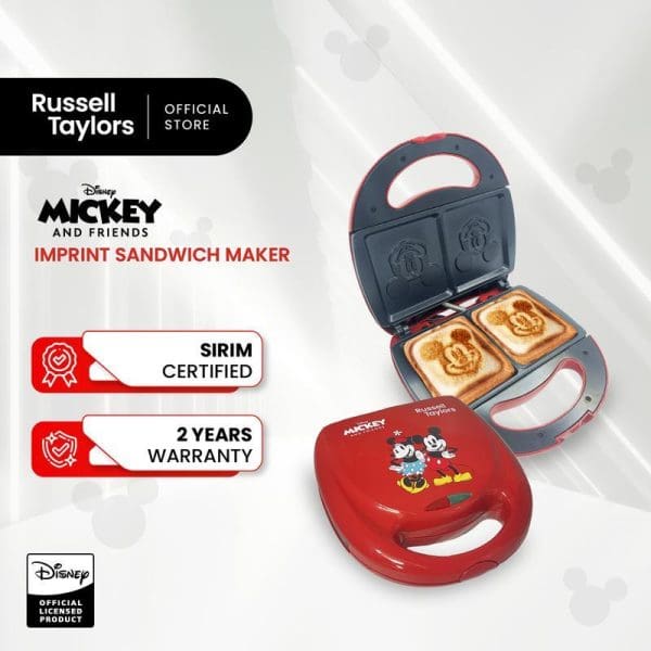 Russell Taylors Disney Mickey and Friends red sandwich maker with imprint feature, showing two Mickey Mouse-shaped toasted bread slices inside open appliance.