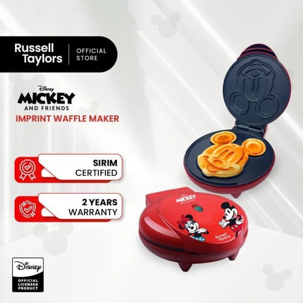 Russell Taylors Disney Mickey Mouse red waffle maker with Mickey-shaped waffle mold, SIRIM certified, 2-year warranty, official licensed product.