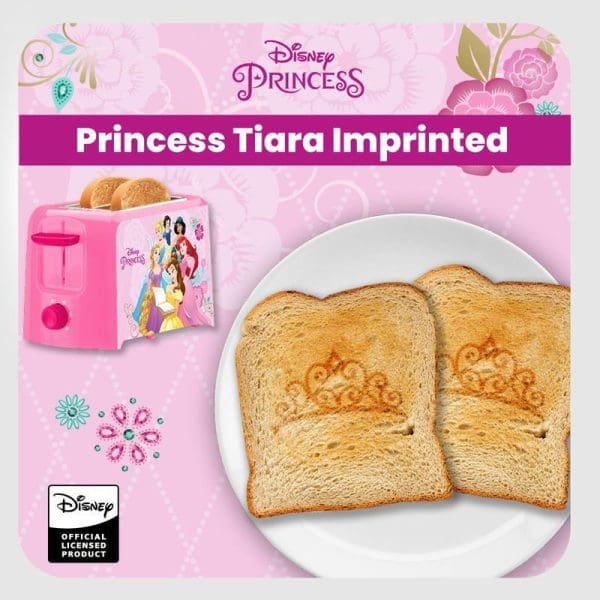 Disney Princess pink toaster with tiara-imprinted bread slices on white plate, showing Russell Taylors official licensed product for barangelektrik.my sale.