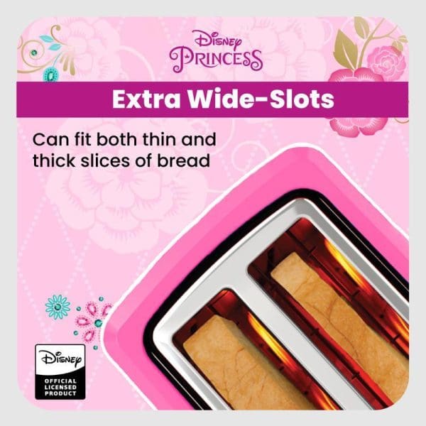 Disney Princess branded pink toaster with extra wide slots containing toasted bread slices, featuring official licensed product branding and decorative floral elements.