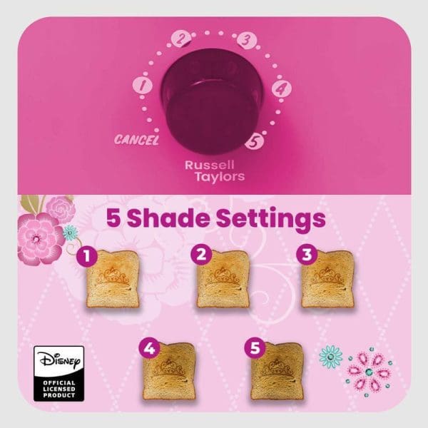 Russell Taylors Disney Princess pink bread toaster with 5 shade settings dial, showing toast examples from light to dark, official Disney licensed product.