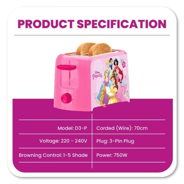 Russell Taylors Disney Princess pink bread toaster with product specifications showing model D3-P, 220-240V voltage, 750W power, and browning control features.