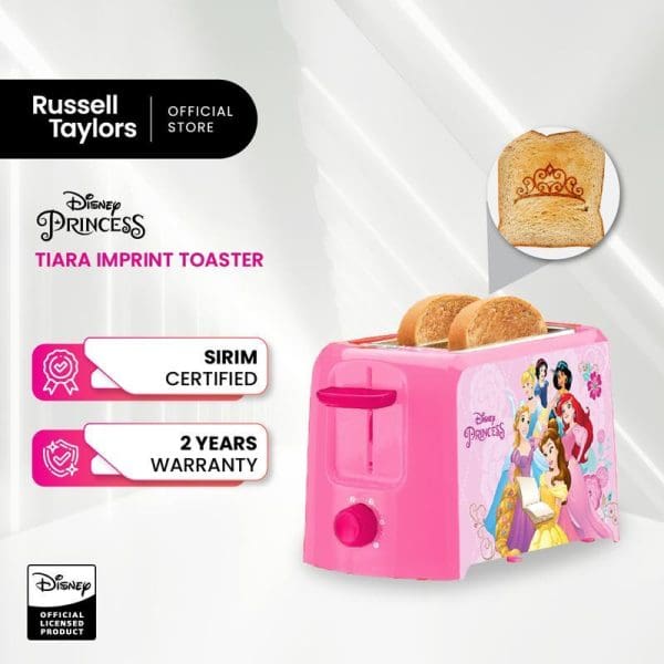 Russell Taylors Disney Princess pink bread toaster with tiara imprint feature, showing toasted bread with crown design, SIRIM certified with 2-year warranty.
