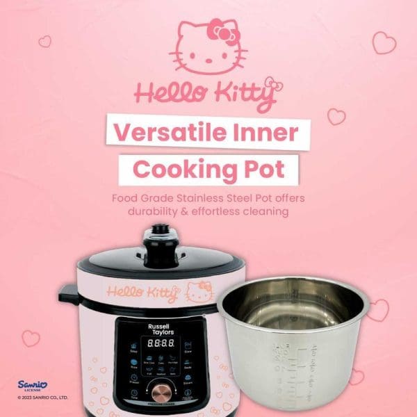 Russell Taylors Hello Kitty 6L pressure cooker rice cooker with stainless steel inner pot, digital display, and pink Hello Kitty themed design on pink background.