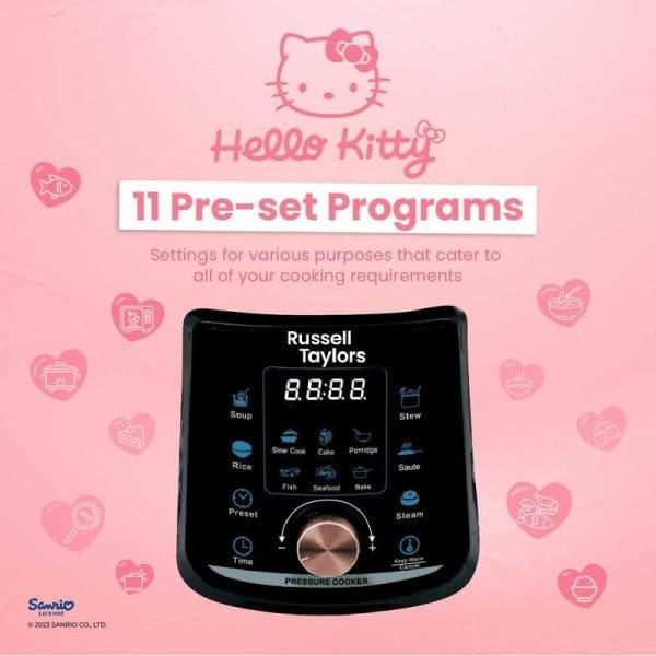 Russell Taylors Hello Kitty 6L pressure cooker with digital display showing 11 pre-set programs including soup, rice, stew, cake, and steam functions on pink background.