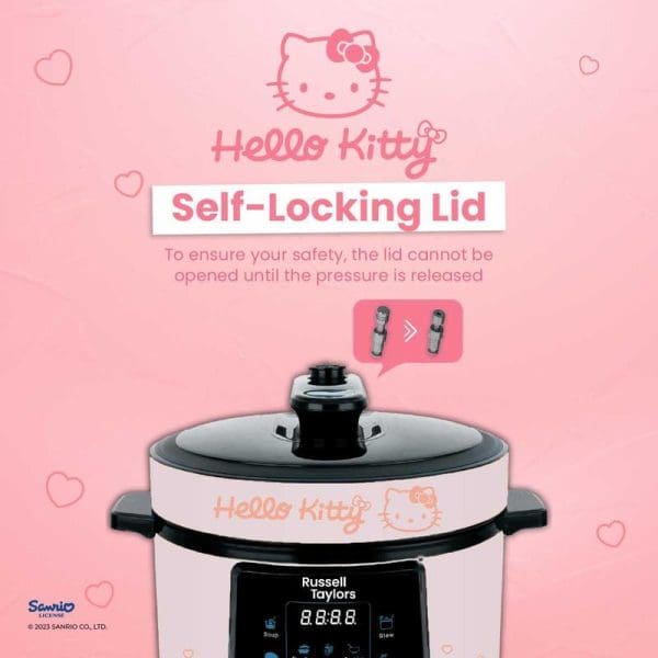 Russell Taylors Hello Kitty 6L pressure cooker rice cooker with self-locking lid safety feature, stainless steel pot, digital display, pink themed design.