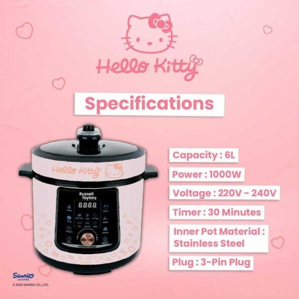 Russell Taylors x Hello Kitty 6L Pressure Rice Cooker with pink Hello Kitty design, digital display, specifications showing 1000W power, 220V-240V voltage, stainless steel inner pot.