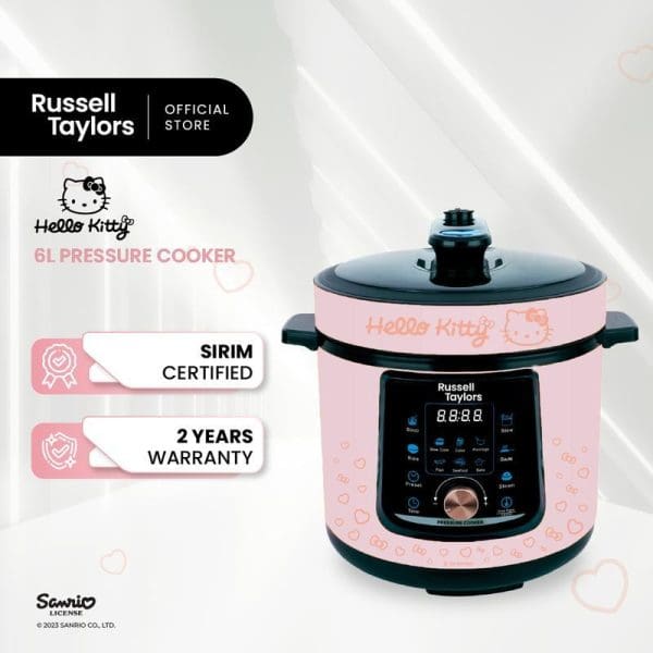 Russell Taylors Hello Kitty 6L pink pressure cooker with digital display, SIRIM certified, 2-year warranty, official store product image on white background.