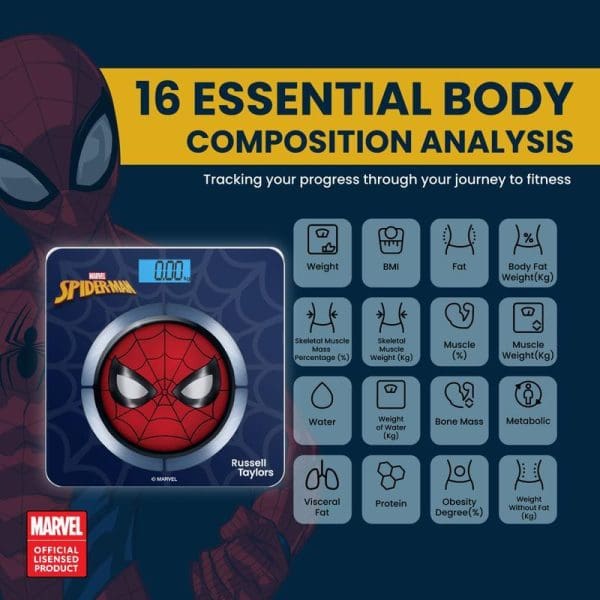 Russell Taylors Marvel Spider-Man Bluetooth smart weighing scale with body composition analysis featuring 16 health metrics including BMI, body fat, muscle mass, and bone density tracking.