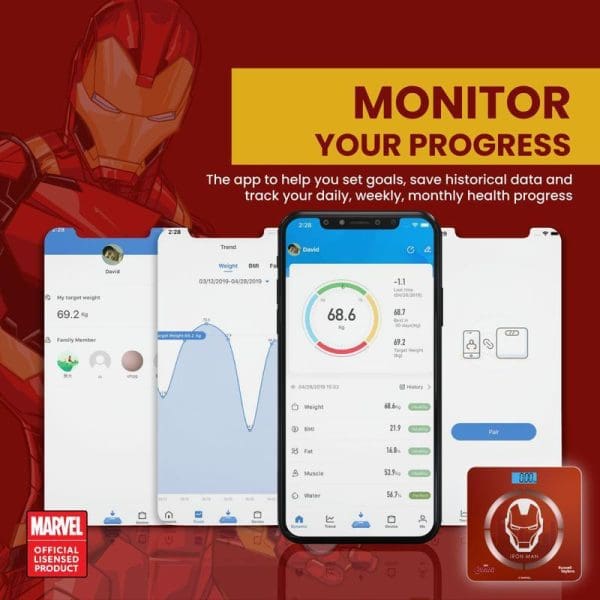 Russell Taylors Marvel Iron Man Bluetooth smart weighing scale with body fat analysis and mobile app for tracking daily, weekly, monthly health progress.