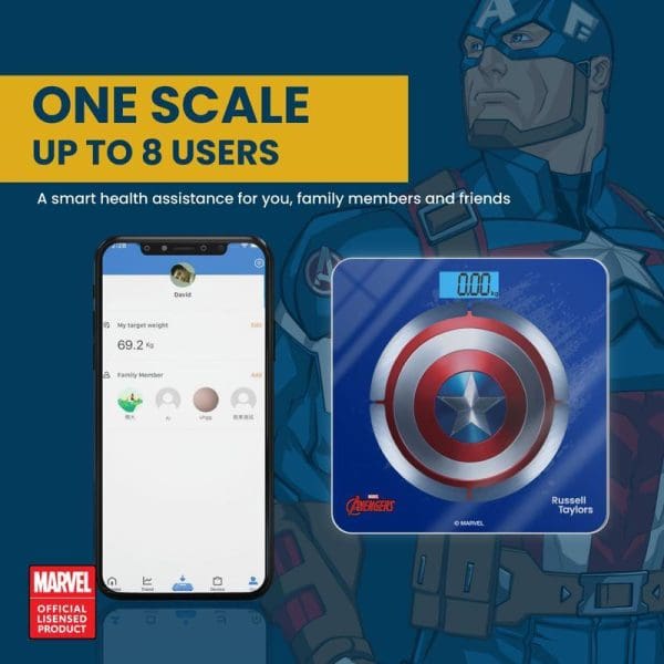 Russell Taylors Marvel Captain America Bluetooth smart weighing scale with Captain America shield design, supporting up to 8 users, shown with smartphone app interface.