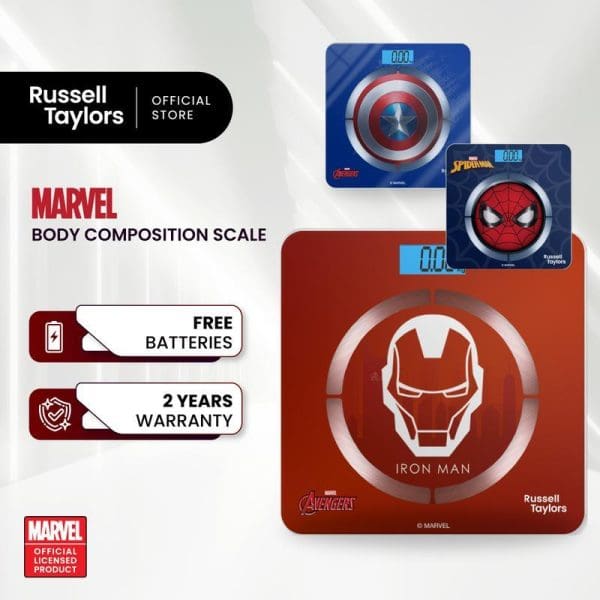 Russell Taylors Marvel Body Composition Scale featuring Iron Man, Captain America, and Spider-Man designs with Bluetooth connectivity, free batteries, and 2-year warranty from official store.