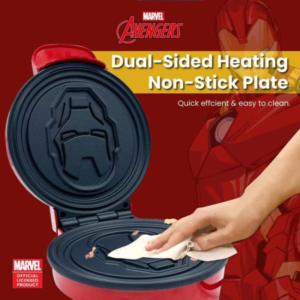 Russell Taylors Marvel Iron Man Waffle Maker MW-25I with dual-sided heating non-stick plates, showing Iron Man helmet design and hand cleaning surface.