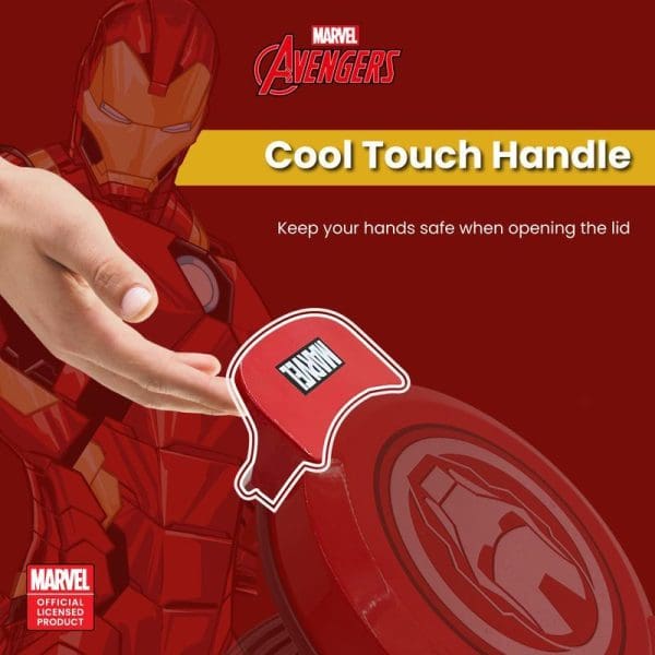 Russell Taylors Marvel Iron Man Waffle Maker MW-25I featuring cool touch handle safety feature, with hand demonstrating safe lid opening on red Iron Man themed appliance.