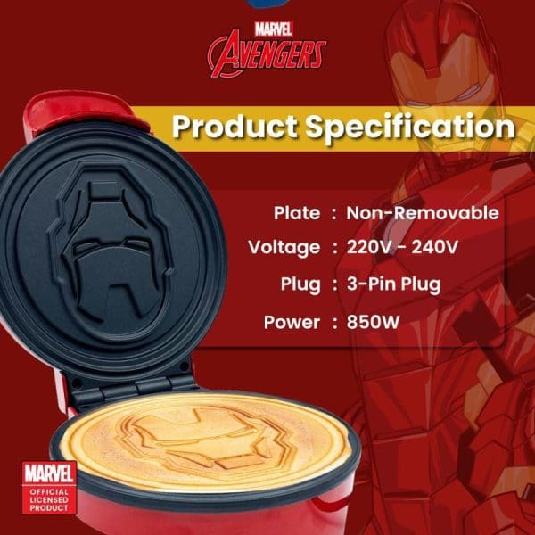 Russell Taylors Marvel Iron Man Waffle Maker MW-25I product specification showing non-removable plate, 220V-240V voltage, 3-pin plug, 850W power with Iron Man helmet waffle design.