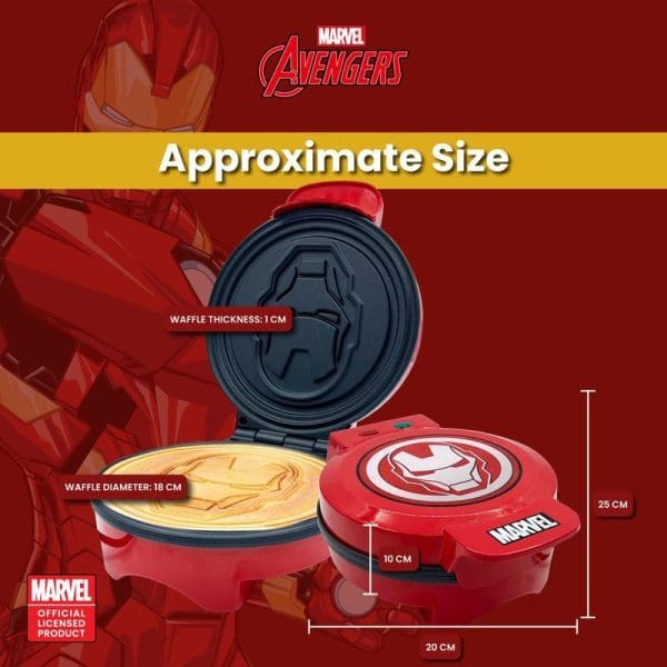 Russell Taylors Marvel Iron Man Waffle Maker MW-25I size specifications showing 18cm waffle diameter, 1cm thickness, 20x25x10cm dimensions on red background.