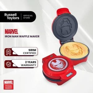 Russell Taylors Marvel Iron Man red waffle maker with Iron Man helmet design, SIRIM certified, 2-year warranty, official licensed product from Marvel.