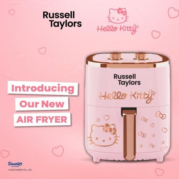 Russell Taylors Hello Kitty 4.2L air fryer in pink and rose gold with Hello Kitty graphics, displayed on pink background with hearts and promotional text.