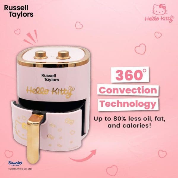 Russell Taylors Hello Kitty 3D Air Fryer with 360° convection technology, featuring pink and white design with gold accents, 4.2L capacity, reduces oil by 80%.