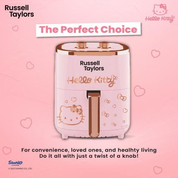 Russell Taylors Hello Kitty 3D Air Fryer Large 4.2L in pink with rose gold accents, featuring Hello Kitty branding and decorative elements on promotional background.