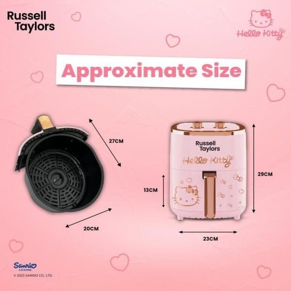 Russell Taylors Hello Kitty 3D Air Fryer size guide showing black basket (27x20x13cm) and pink appliance (29x23cm) with Hello Kitty branding on pink background.